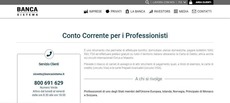 conto corrente porfessionisti Banca Sistema