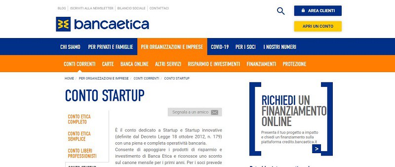 conto startup Banca Popolare Etica
